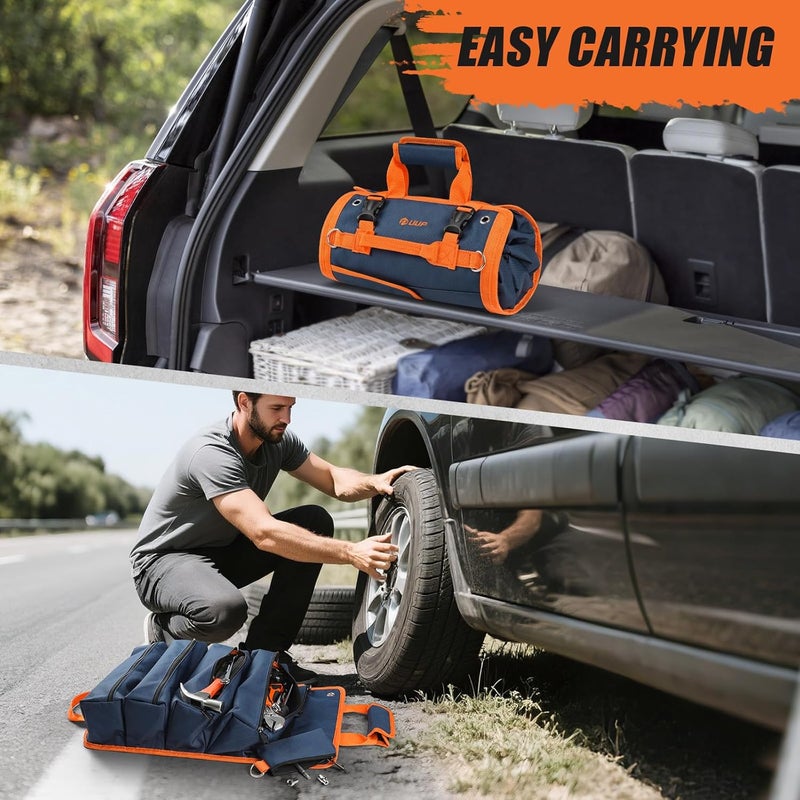 UUP Tool Bag Roll Up, Heavy Duty Rolled Empty Tool Storage Organization, Portable Foldable Rollup Organizer with 2 Small Pouches, Rollable Carrying Toolbag, Dad Men Mechanic Birthday Gift, Blue Orange - Image 5